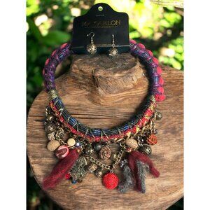 Handcrafted Multicolor Statement Necklace & Earring Set By Makarlon With Beads &